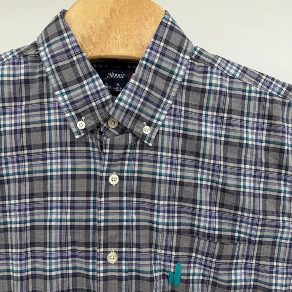 johnnie-O Button Down Shirt Mens XL Gray Blue Plaid Egyptian Cotton Long Sleeve
